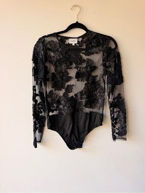 Black Floral Sheer Velvet Appliqué Long-Sleeve Bodysuit
